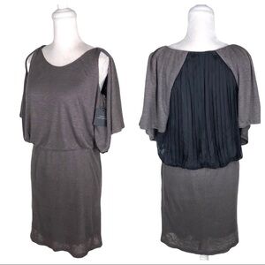 NWT Robert Rodriguez linen, silk pleats, draped sleeve mini dress 2 gray black